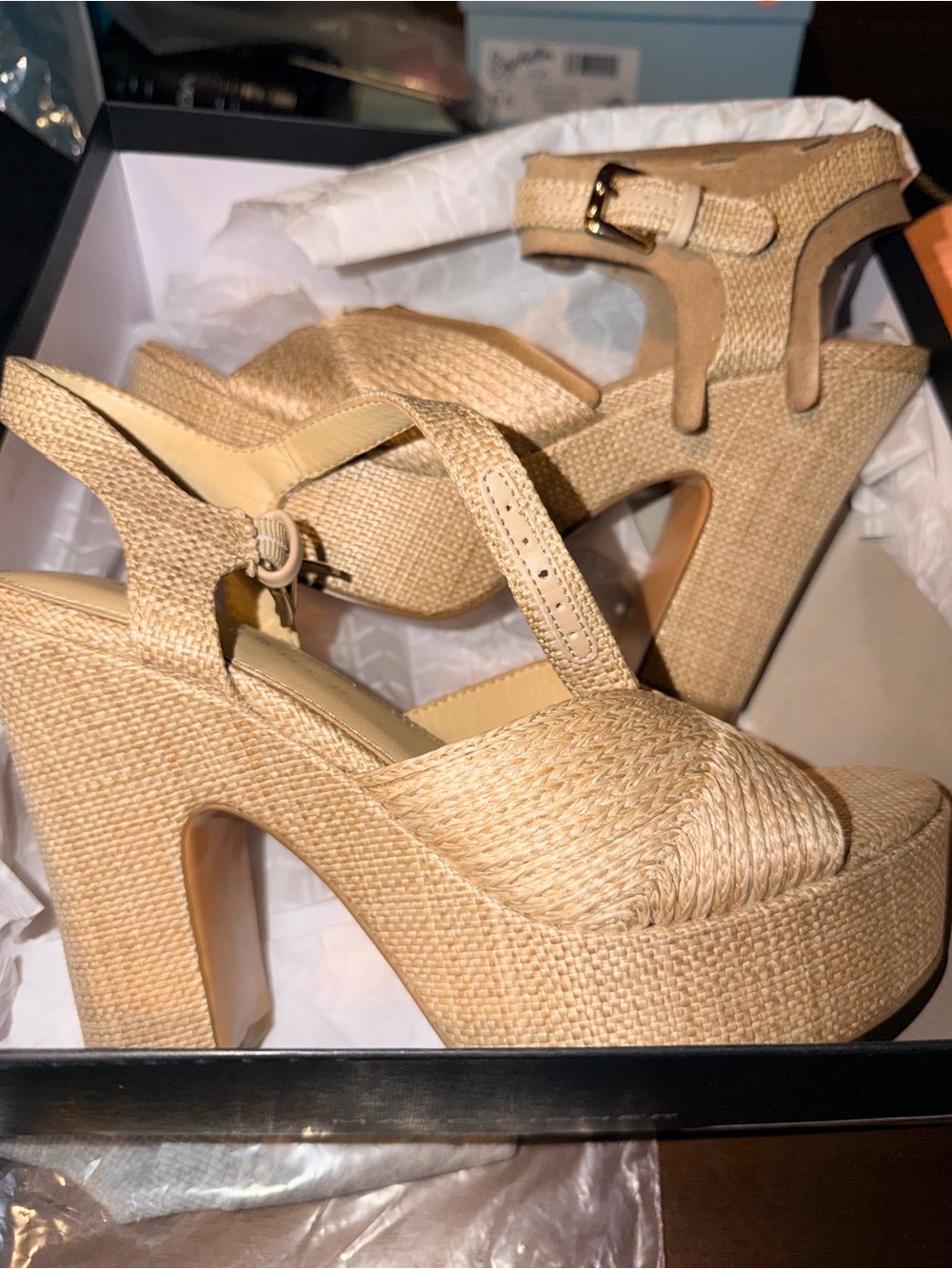 Marc Fisher Beige Woven Platform Slingback Sandals